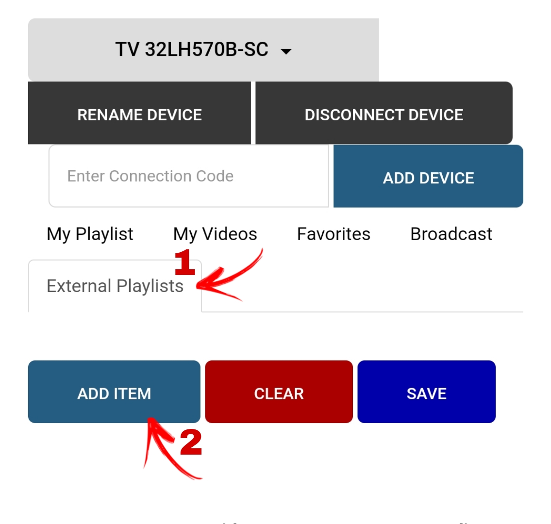 4. Clique na aba “External Playlist"  e em seguida  clique em “Add Item”